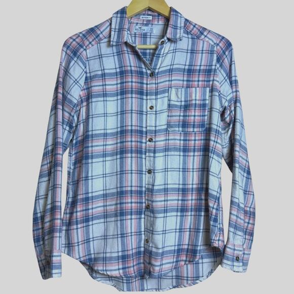 HOLLISTER Boyfriend Fit Flannel Button Down Shirt. Blue & Pink. Size XS - Picture 1 of 5